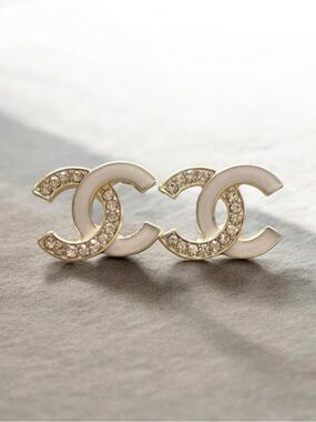 White and Gold Crystal CC Logo Stud Earrings